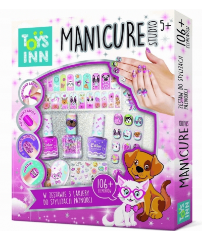 Zestaw do stylizacji paznokcji MANICURE STUDIO dla dzieci 3 lakiery + dodatki TOYS INN 106 elementów