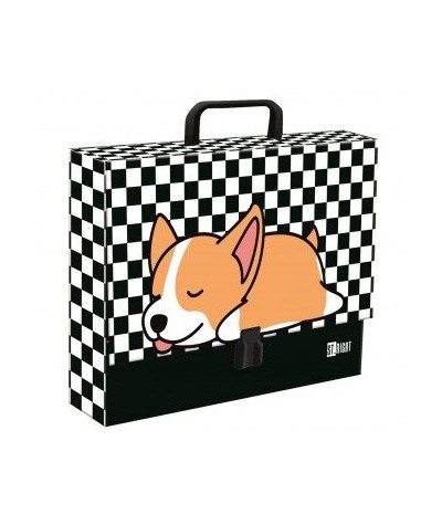 Teczka z rączką A4 do szkoły ST.RIGHT SLEEPY CORGI szachownica XL 9cm