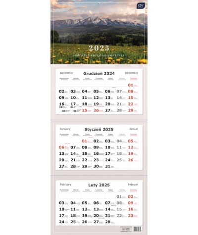 Kalendarz trójdzielny ścienny 2025 PODRÓŻE GÓRY 34x82,5cm INTERDRUK