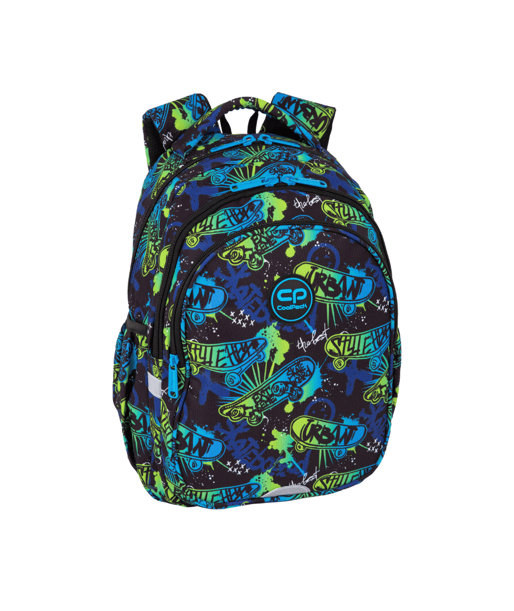 Plecak szkolny do 1 klasy CoolPack JERRY SKATE NIGHT z deskorolką niebiesko-zielony 21l lekki