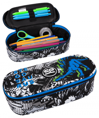 Pi&oacute;rnik szkolny z klapką CoolPack CP CAMPUS T-REX czarno biały z niebieskim DINOZAUREM