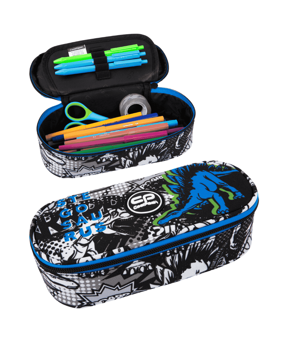 Pi&oacute;rnik szkolny z klapką CoolPack CP CAMPUS T-REX czarno biały z niebieskim DINOZAUREM