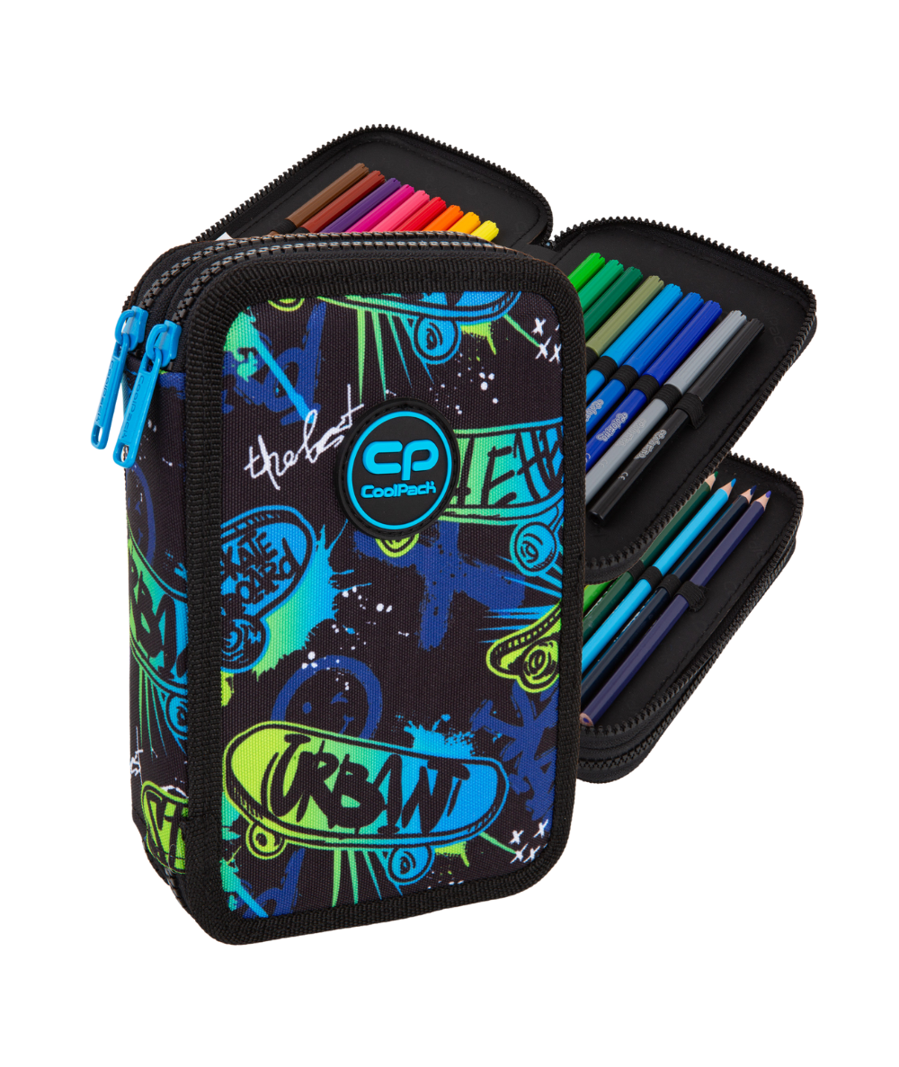 Pi&oacute;rnik dwukomorowy z wyposażeniem CoolPack JUMPER 2 SKATE NIGHT zielono-niebieski z deskorolką szkolny