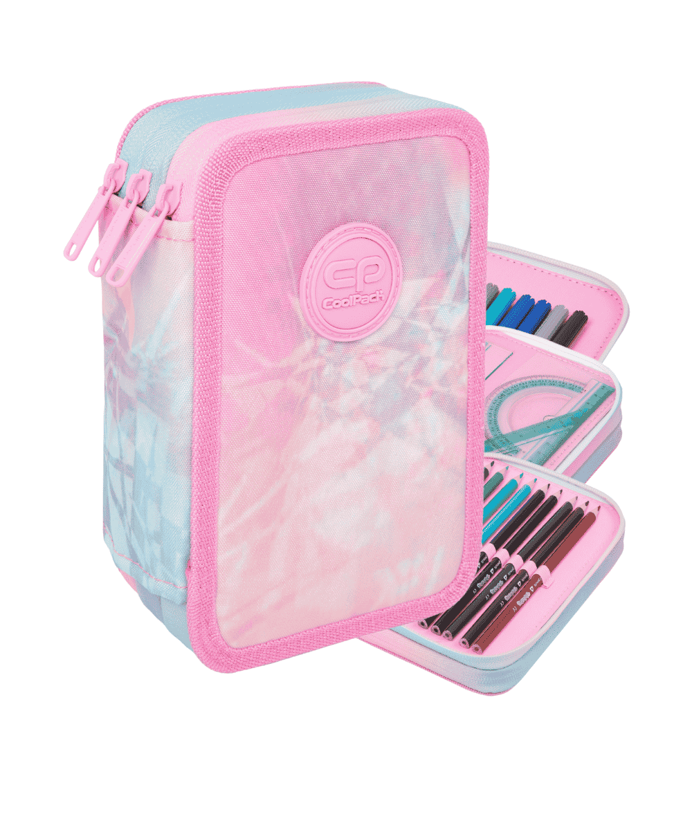 Pi&oacute;rnik trzykomorowy z wyposażeniem CoolPack JUMPER 3 TIE DYE r&oacute;żowy dla dziewczynki duży 46elem.