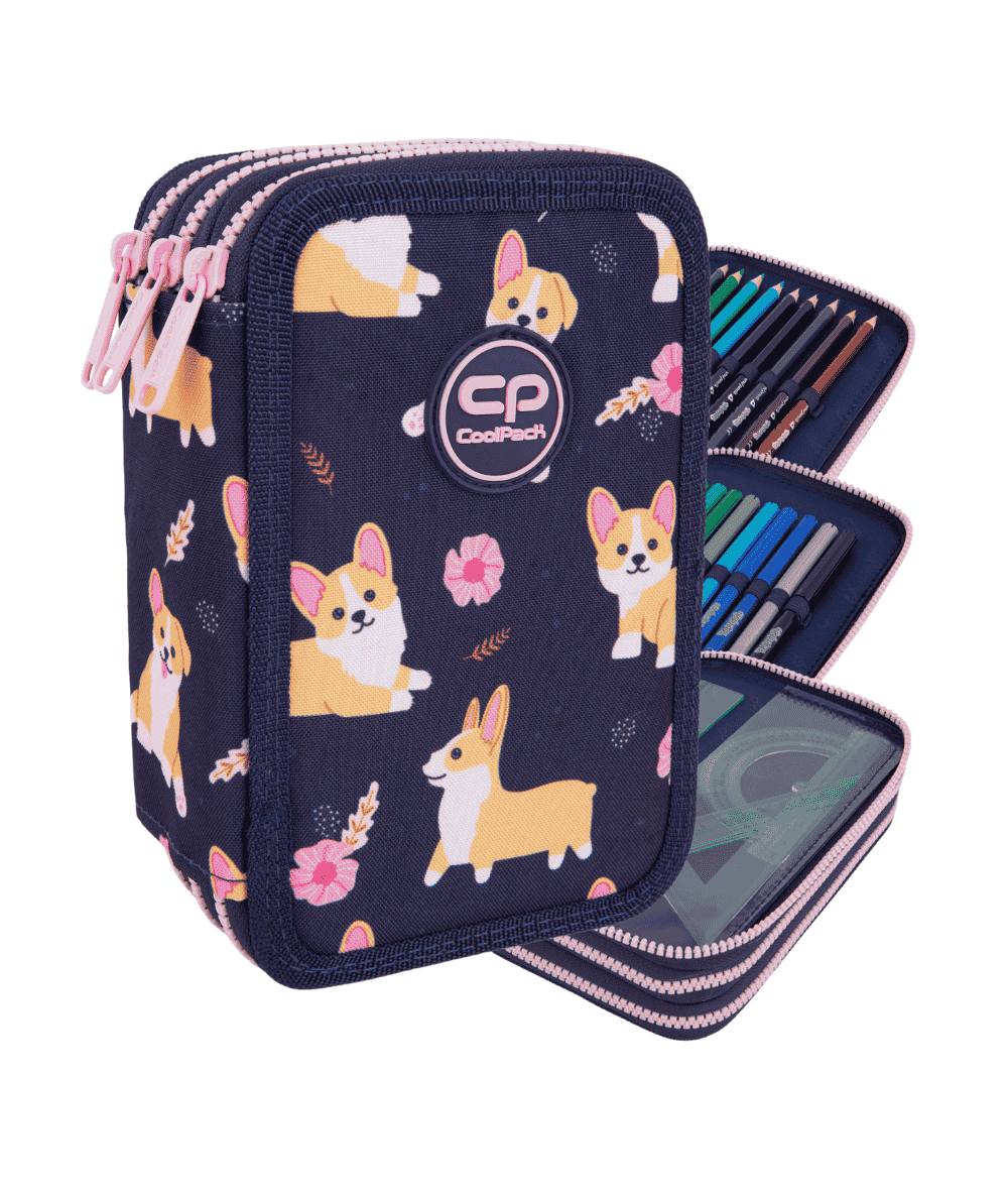 Pi&oacute;rnik trzykomorowy z wyposażeniem CoolPack JUMPER 3 ELISABETH granatowy dla dziewczynki PIESEK CORGI 46el.
