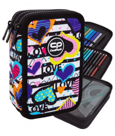 Pi&oacute;rnik trzykomorowy z wyposażeniem CoolPack JUMPER 3 DIARY 46el. DUŻY w kolorowe serduszka