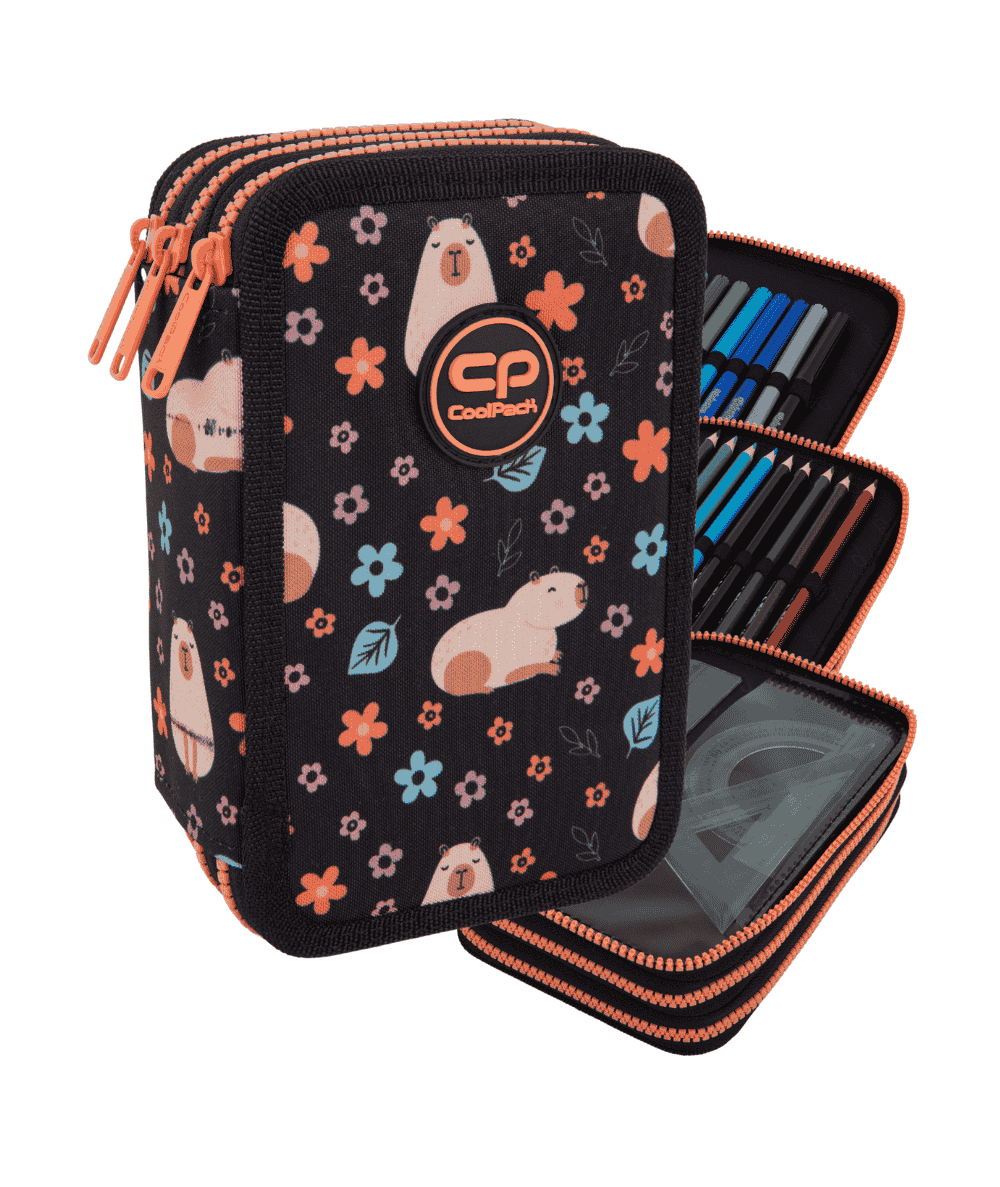 Pi&oacute;rnik trzykomorowy z wyposażeniem CoolPack JUMPER 3 CAPYBARA czarny w kapibary dla dziewczynek 46el. DUŻY