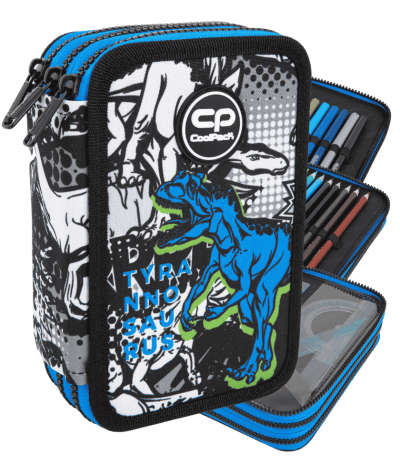 Pi&oacute;rnik trzykomorowy z wyposażeniem CoolPack JUMPER 3 T-REX niebieski dinozaur czarno-biały 46el.
