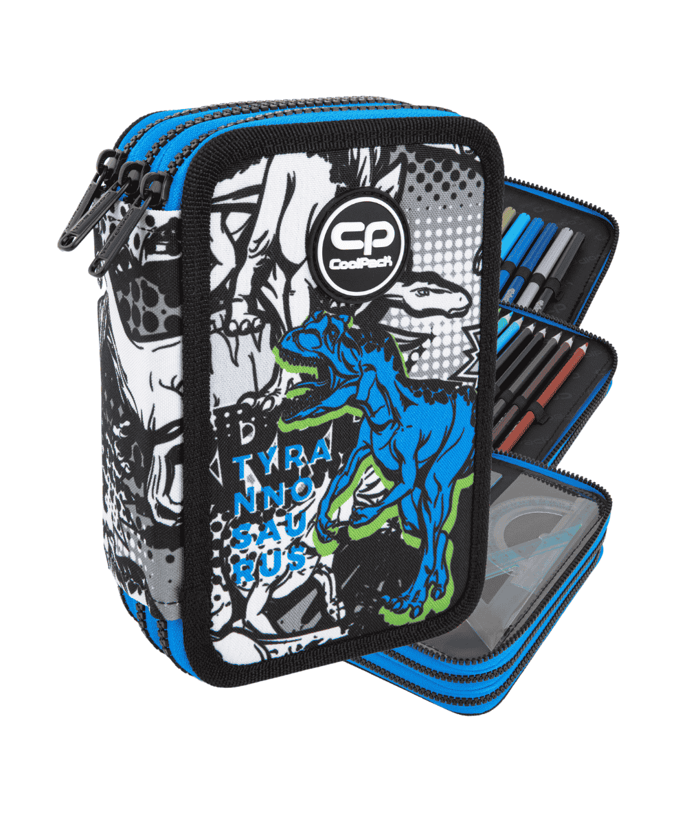 Pi&oacute;rnik trzykomorowy z wyposażeniem CoolPack JUMPER 3 T-REX niebieski dinozaur czarno-biały 46el.