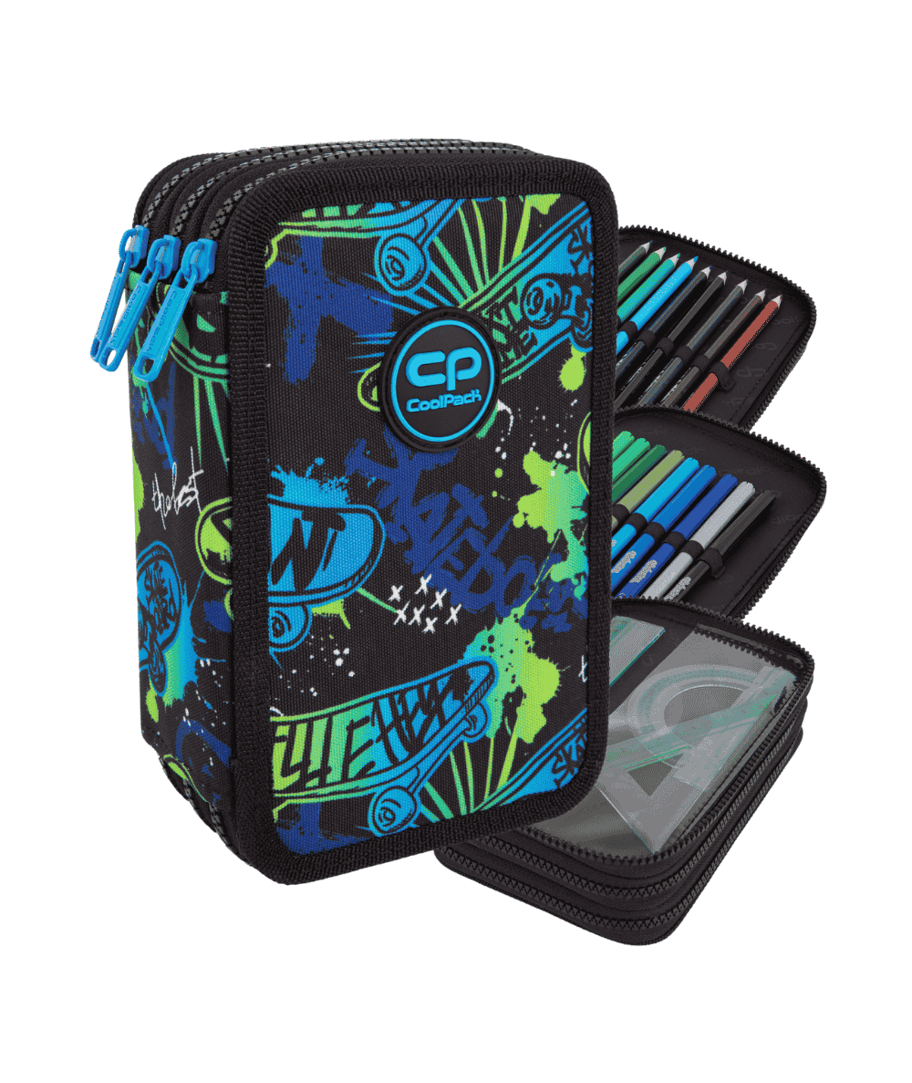 Pi&oacute;rnik trzykomorowy z wyposażeniem CoolPack JUMPER 3 SKATE NIGHT z deskorolką dla chłopca 46elem.