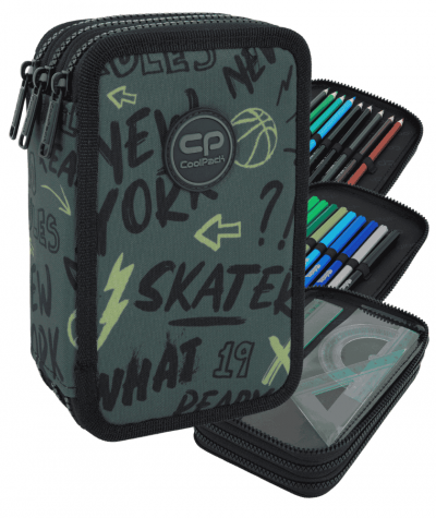 Pi&oacute;rnik trzykomorowy z wyposażeniem CoolPack JUMPER 3 TIGER zielony khaki z graffiti DUŻY 46 elem.