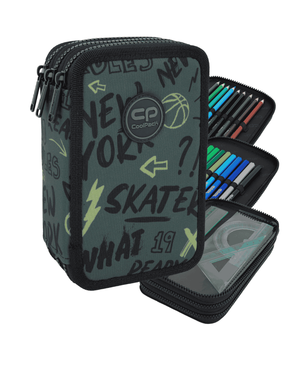 Pi&oacute;rnik trzykomorowy z wyposażeniem CoolPack JUMPER 3 TIGER zielony khaki z graffiti DUŻY 46 elem.