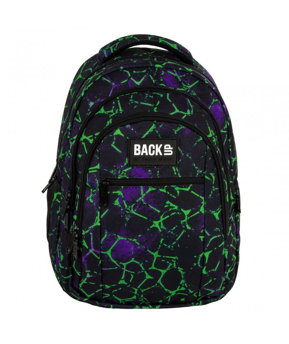 Ciekawy plecak z zielonym wzorem w mazaje