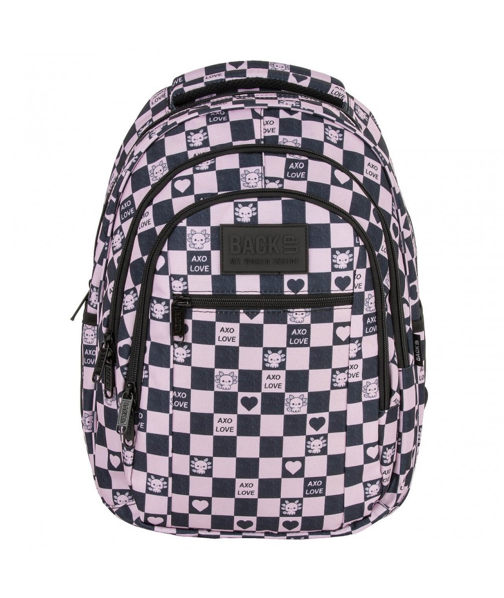 r&oacute;żowy plecak w serduszka w szachownicę