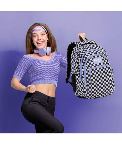 Plecak szachownica czarno biały w kratkę z fioletowymi zamkami dla dziewczyny klasa 3 4 5 6