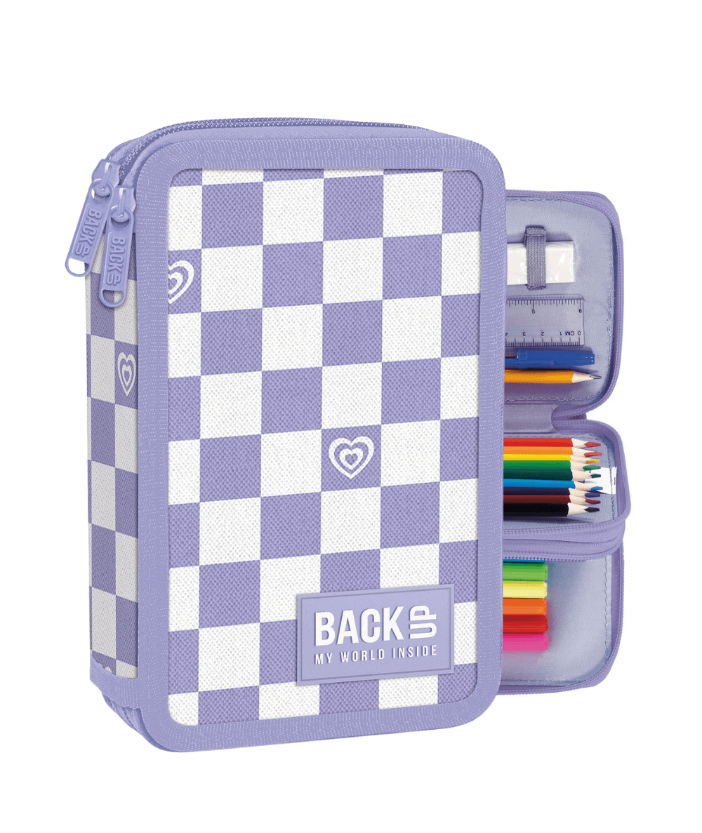 fioletowy pi&oacute;rnik z wyposażeniem