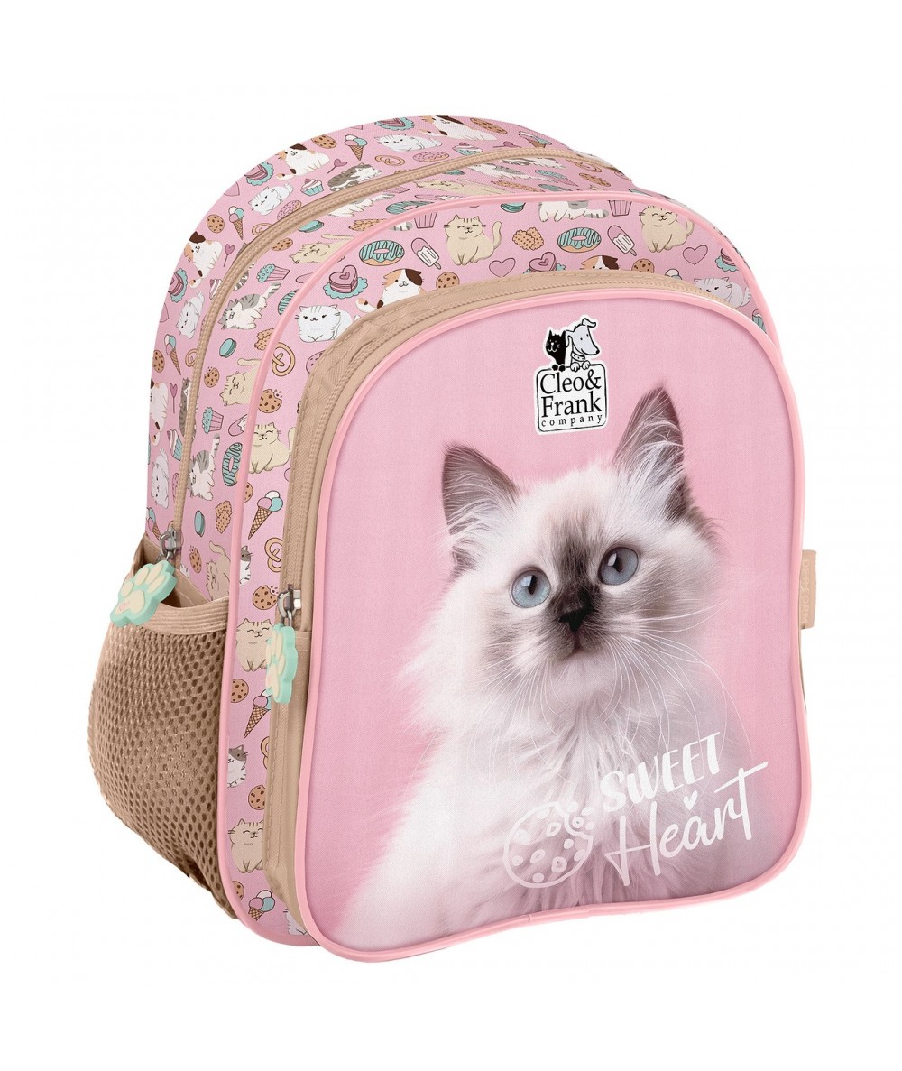 Lekki plecaczek z kotkiem z kieszenią na bidon