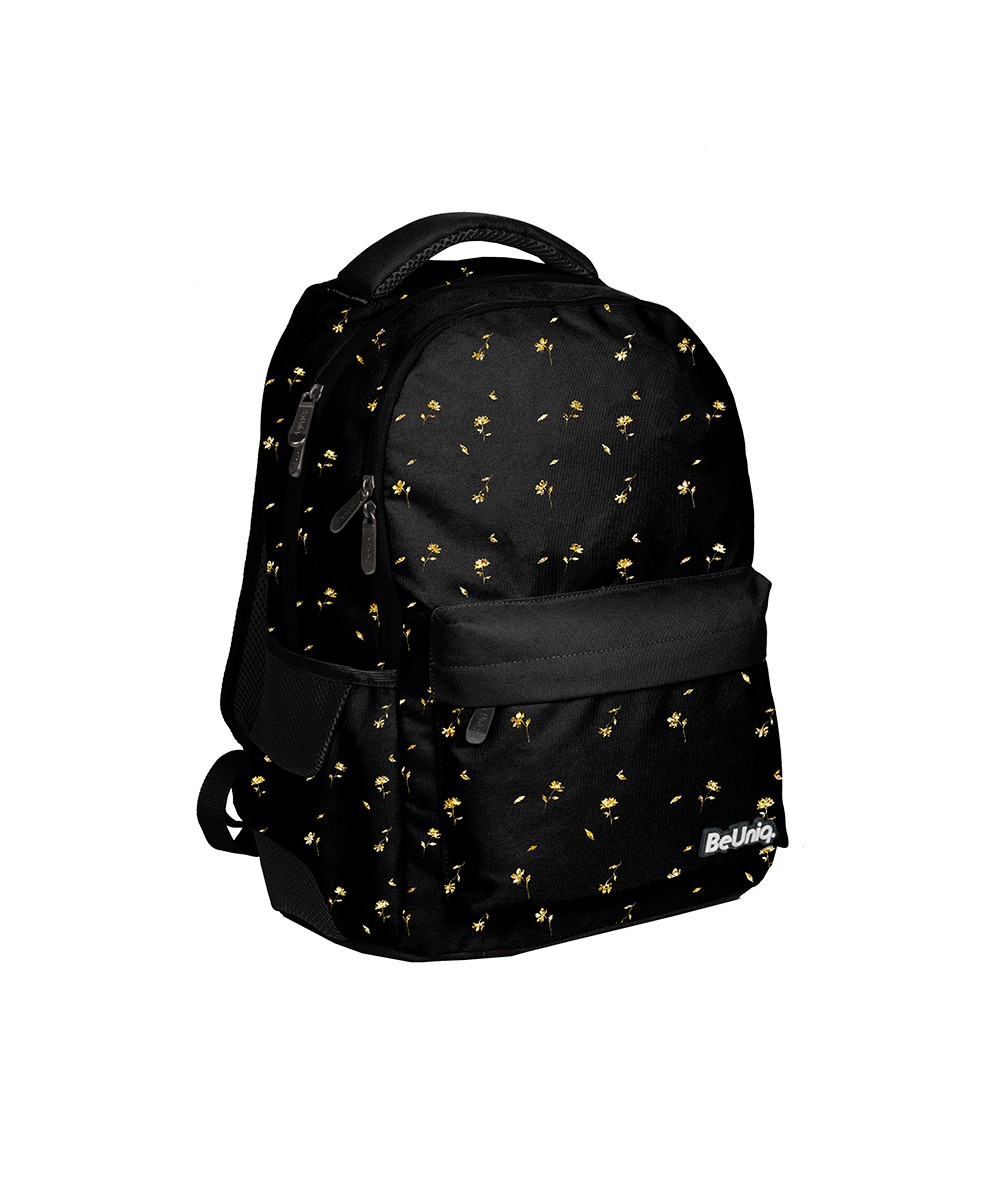 Czarny plecak młodzieżowy w kwiatki modny wz&oacute;r PASO BEUNIQ