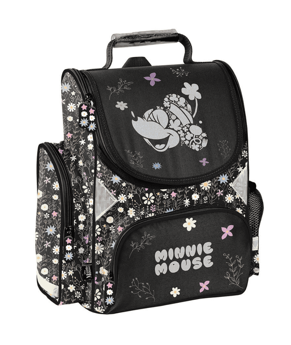 Ciemny tornister do 1 klasy MINNIE MYSZKA w kwiatki PASO