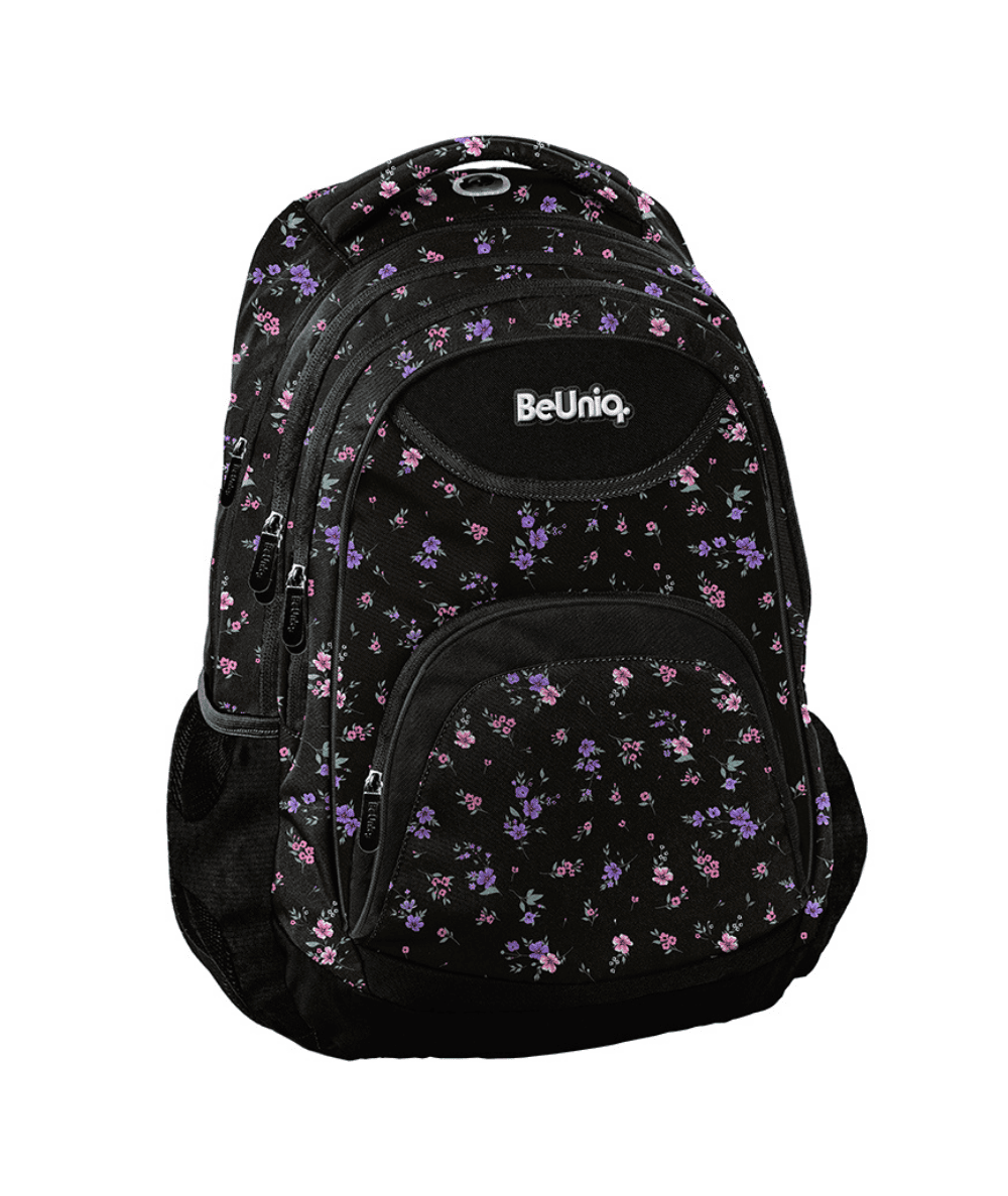 Czarny plecak z kwiatuszkami dla pierwszoklasistki PASO BEUNIQ
