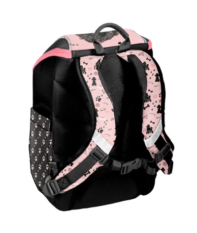 Tornister z paskiem piersiowym do 1 klasy z pieskiem czarno-r&oacute;żowy PASO 575