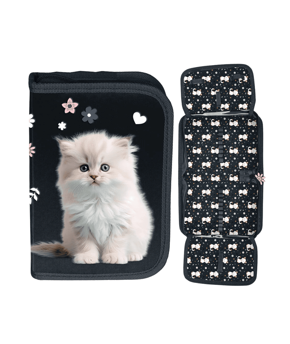 Czarny pi&oacute;rnik z białym kotem PASO do 1 klasy rozkładany