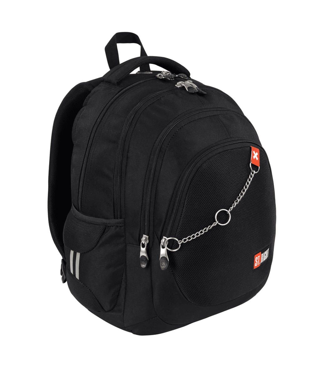 Czarny plecak dla nastolatka gładki z łańcuszkiem X WHITE ST.RIGHT
