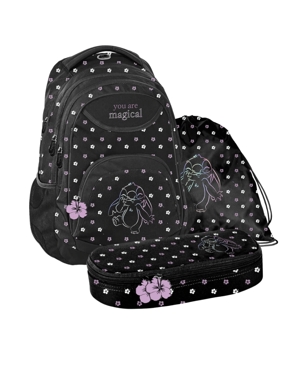Zestaw szkolny STITCH Plecak 3 komory + pi&oacute;rnik PASO czarny dziewczęcy  BeUniq + worek