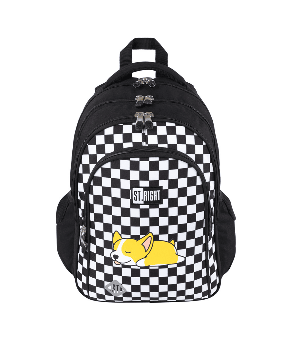 Plecak do 1 klasy ST.RIGHT SLEEPY CORGI w szachownice z psem