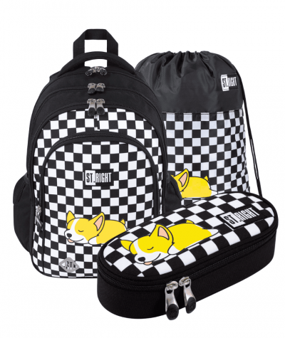 Zestaw Plecak w szachownicę z pi&oacute;rnikiem etui i workiem SLEEPY CORGI ST.RIGHT BP58