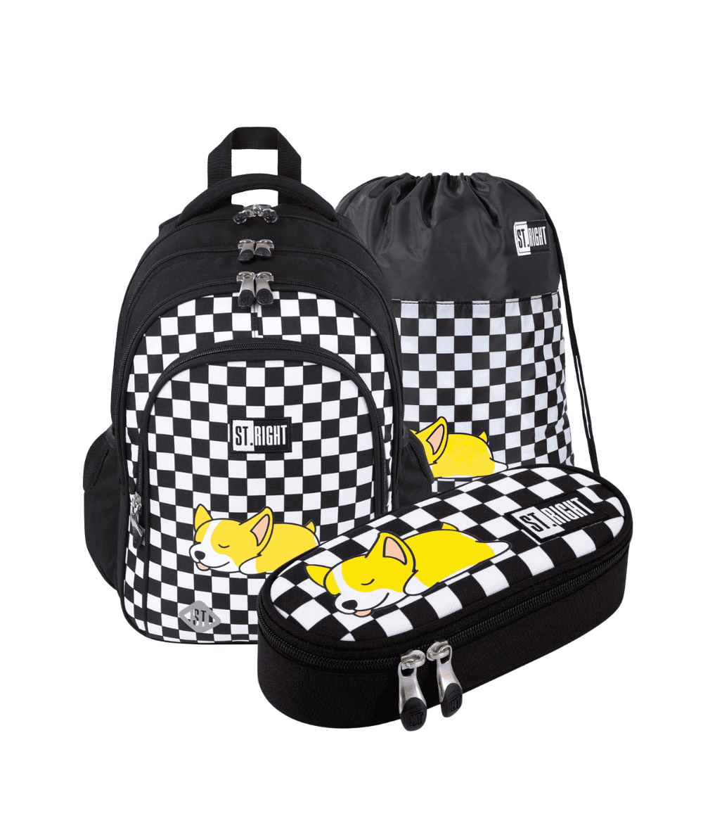 Zestaw Plecak w szachownicę z pi&oacute;rnikiem etui i workiem SLEEPY CORGI ST.RIGHT BP58