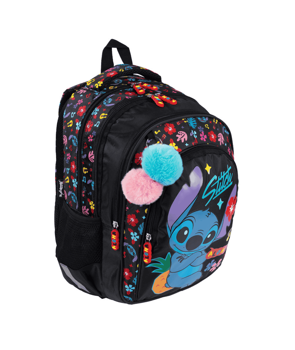 Czarny plecak ze Stitchem do 1 klasy St.Majewski BP58 - BLACK ALOHA