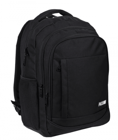 CZARNY Plecak trzykomorowy - gładki - PASO do pracy na podr&oacute;ż