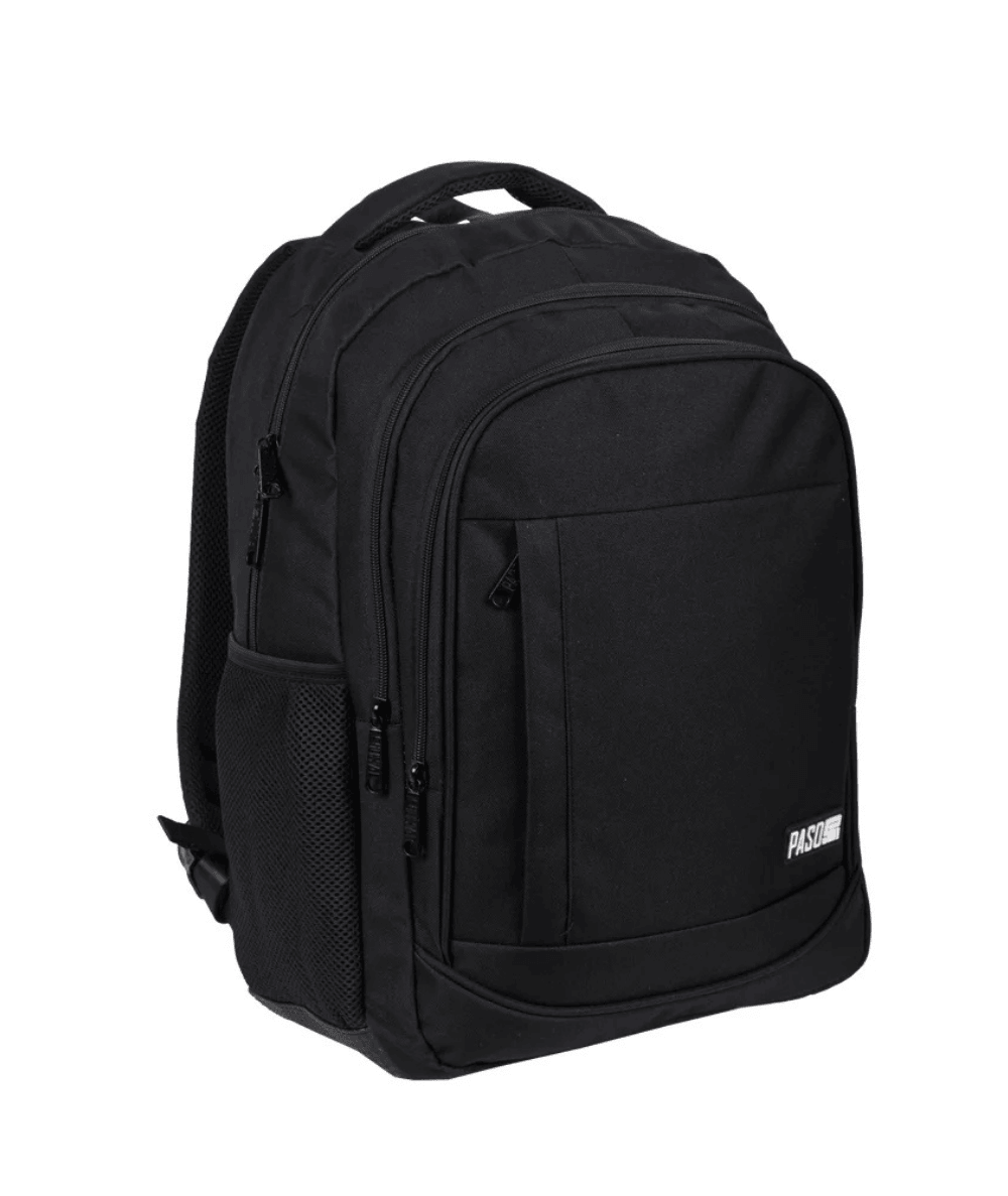 CZARNY Plecak trzykomorowy - gładki - PASO do pracy na podr&oacute;ż