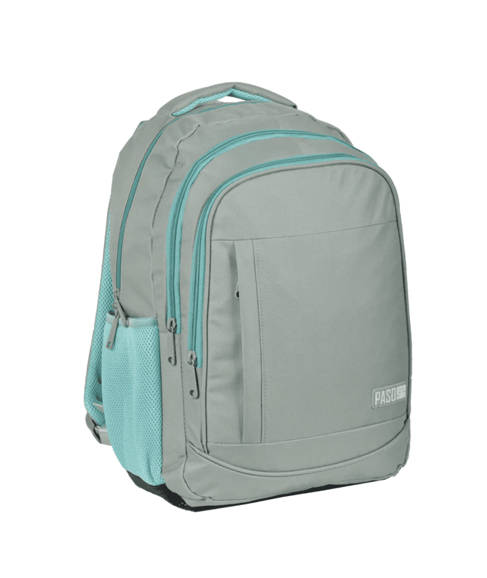 Plecak trzykomorowy szaro-miętowy PASO podr&oacute;żny, do liceum