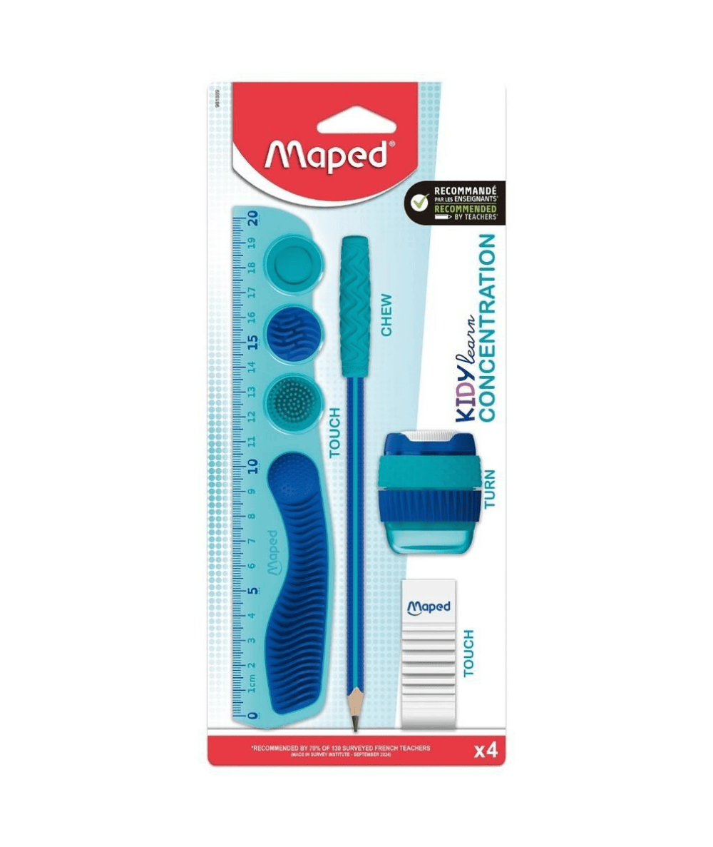 zestaw antystresowych przybor&oacute;w dla dziecka linijka temper&oacute;wka oł&oacute;wek gumka MAPED