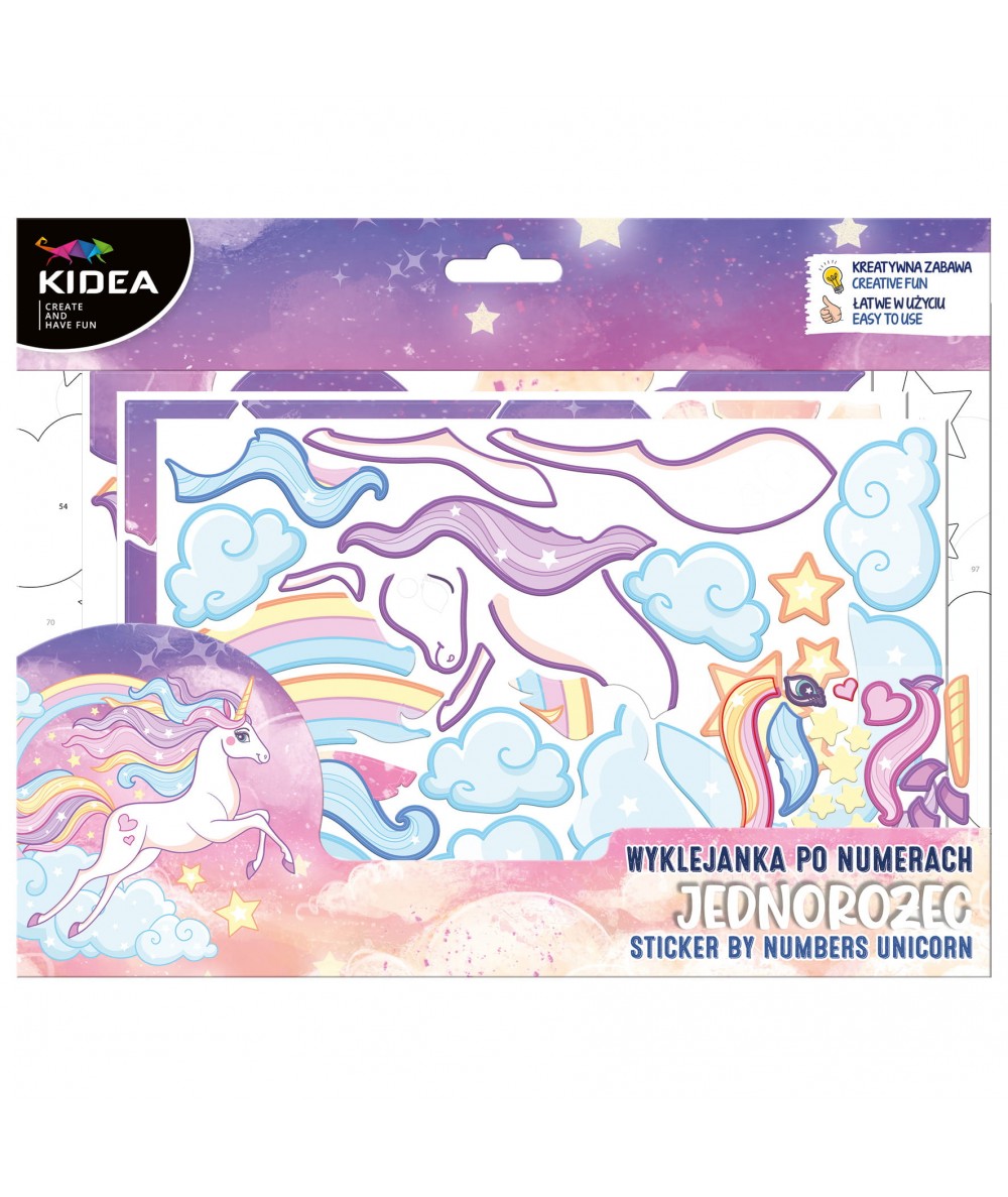 Wyklejanka po numerach KIDEA - JEDNOROŻEC - dla dzieci kreatywna z 4 arkuszami + naklejki
