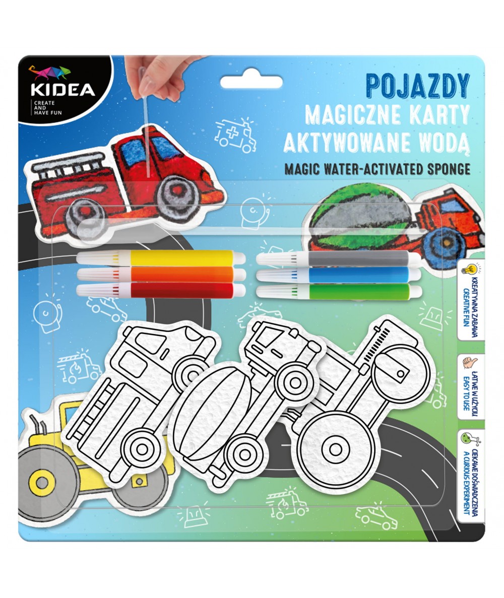 Magiczne karty aktywowane wodą Kidea + pisaki | POJAZDY