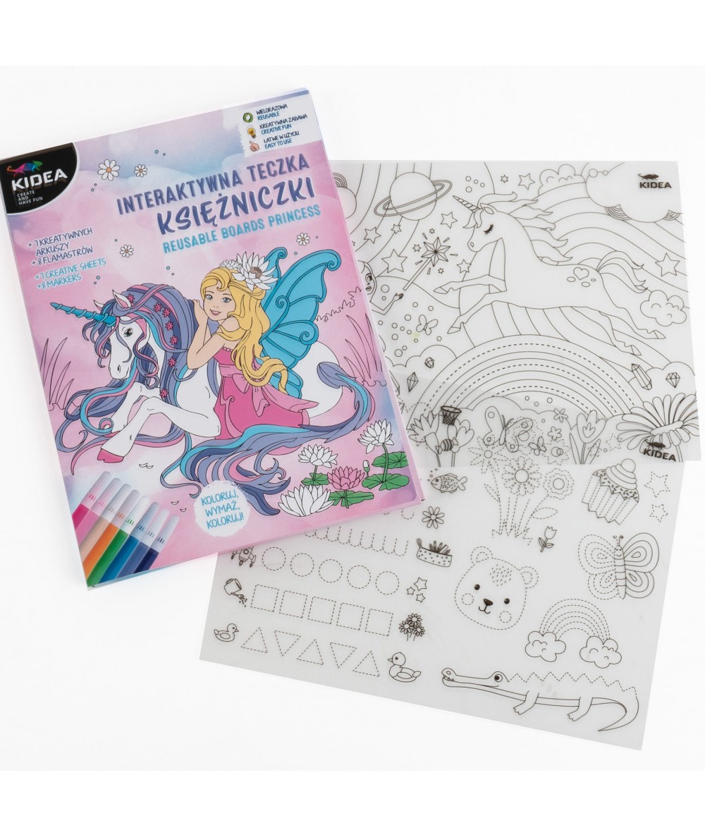 kolorowanka w teczcce Interaktywna teczka Kidea - KSIĘŻNICZKI - kolorowanka wielorazowa + 6 flamastr&oacute;w