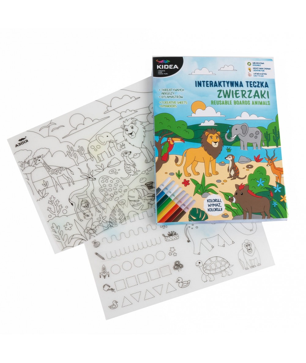 Interaktywna teczka Kidea - ZWIERZAKI ZOO - kolorowanka wielorazowa szlaczki + 6 flamastr&oacute;w