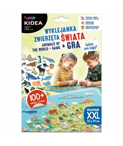 Wyklejanka KIDEA z naklejkami - Gdzie one żyją? ZWIERZĘTA ŚWIATA Rozmiar XXL + gra