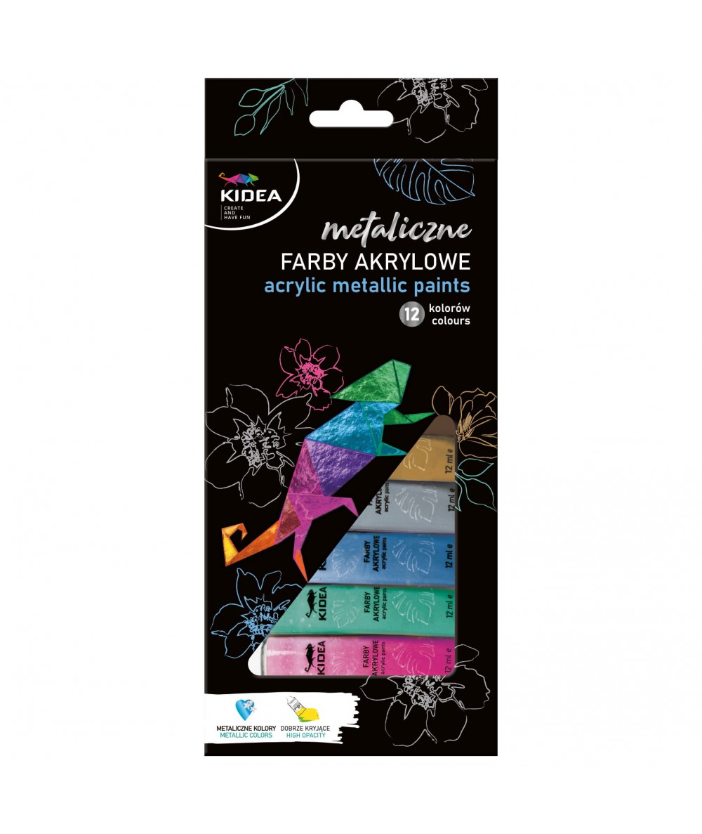 Farby akrylowe w tubkach KIDEA - 12 kolor&oacute;w po 12ml - METALICZNE