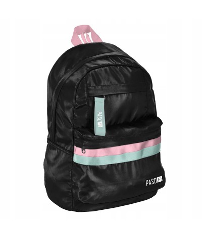 Czarny plecak do liceum lekki PASO 1 komora r&oacute;żowo-miętowe elementy
