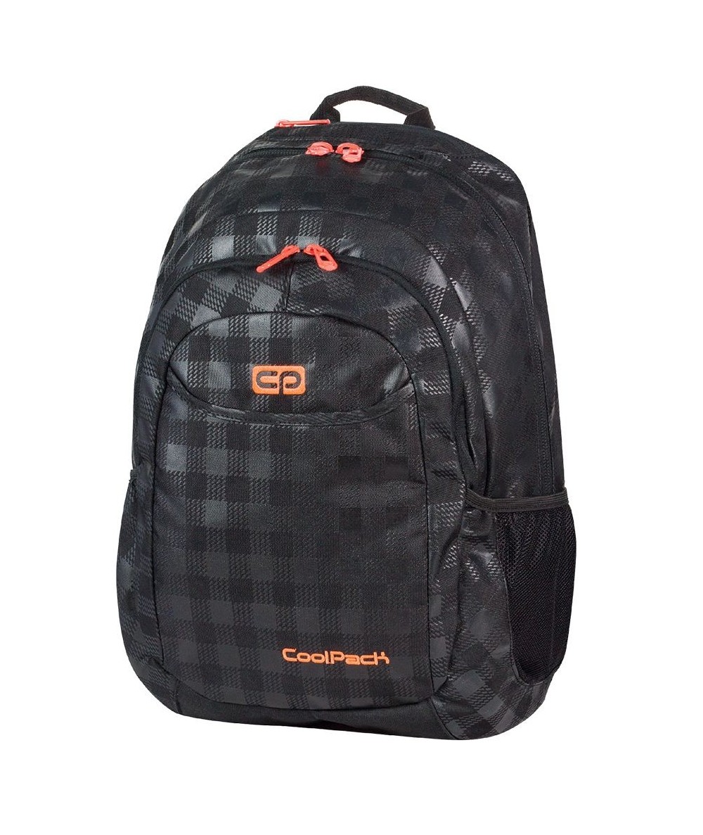 Plecak młodzieżowy CoolPack CP czarny w kratkę (połysk i matowy) z pomarańczowymi wstawkami URBAN  BLACK & ORANGE 422