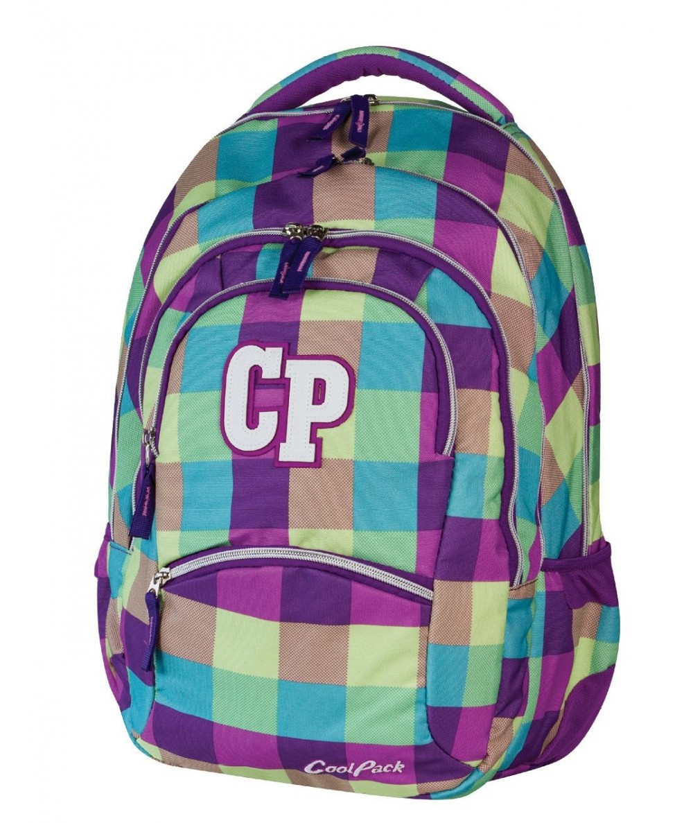 Plecak szkolny CoolPack CP fioletowy, zielony, niebieski w kratkę ze srebrnymi zamkami - 5 przegród COLLEGE PURPLE PASTEL 481