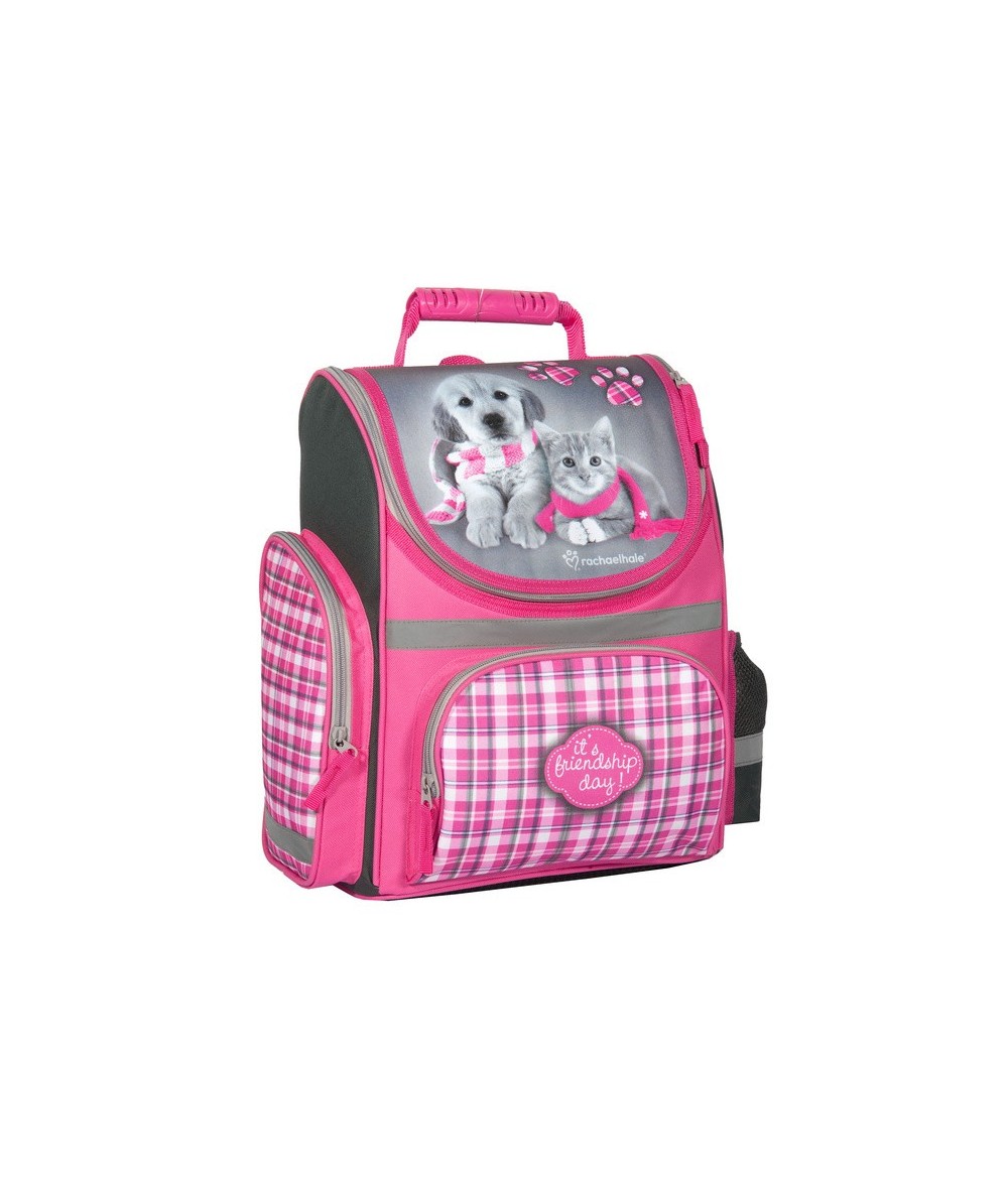 Tornister szkolny z pieskiem i kotkiem w szalikach do pierwszej klasy - różowo - szary w kartkę.
