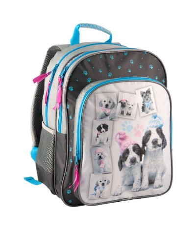 Plecak szkolny z psami - czarno-szary z niebieskimi zamkami.