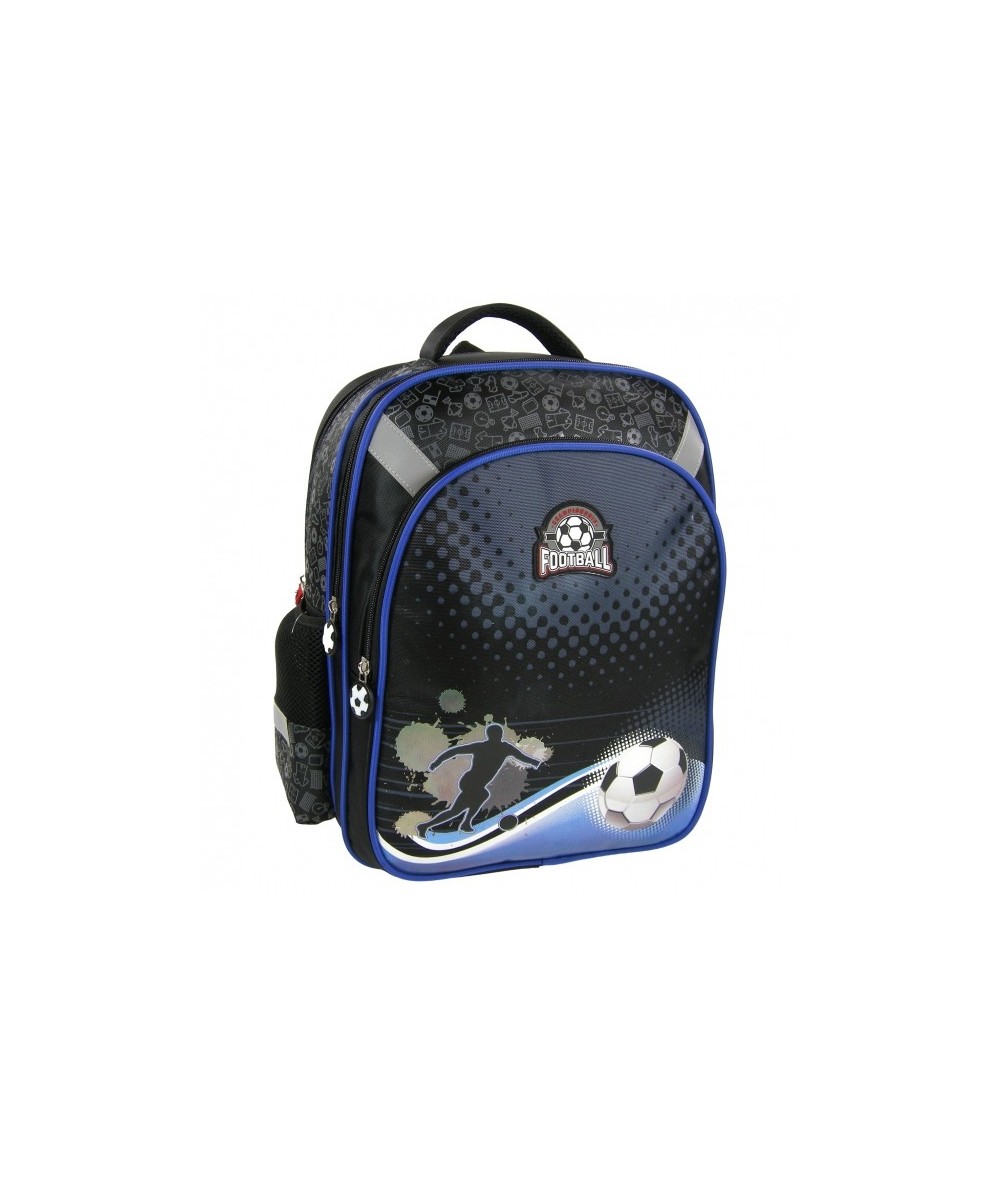 Plecak szkolny z piłką nożną, piłkarzem, czarny i niebieski