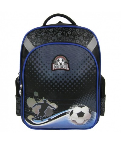Plecak szkolny z piłką nożną, piłkarzem, czarny i niebieski