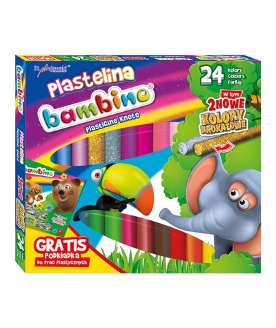 PLASTELINA 24 kolory (2 z brokatem) - BAMBINO - mix wzorów + PODKŁADKA GRATIS